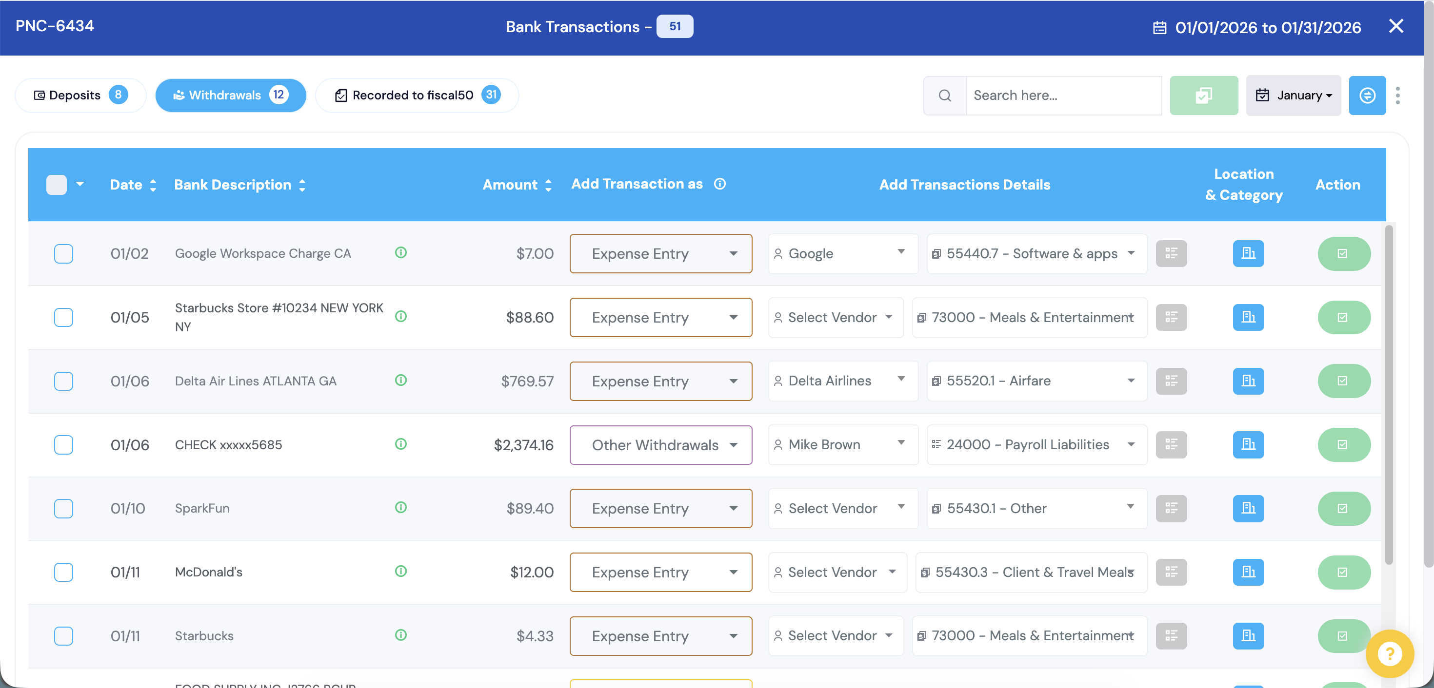 Bank transaction recording
